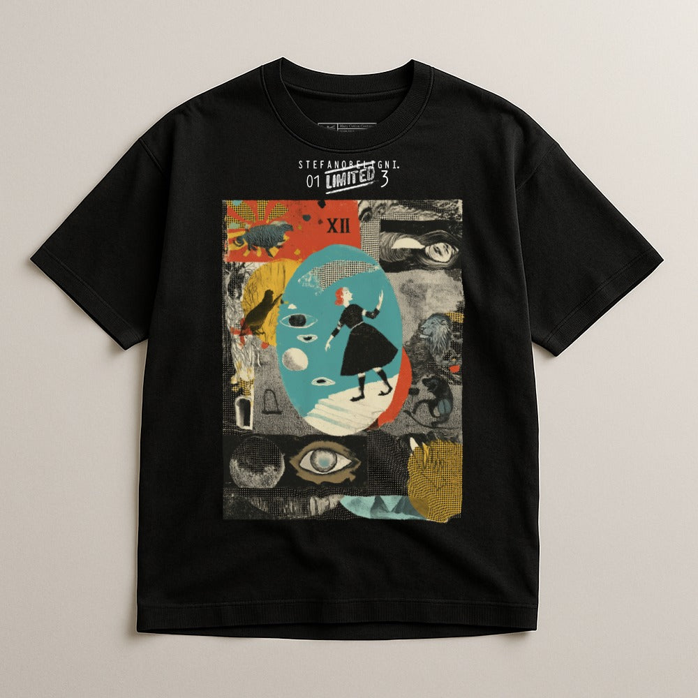 Black t-shirt with abstract artwork featuring a woman in a surreal, elliptical scene.
