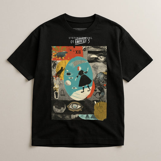 Black t-shirt with abstract artwork featuring a woman in a surreal, elliptical scene.