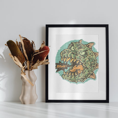 Dinosaur Art Print with Roaring Monster Design Poster