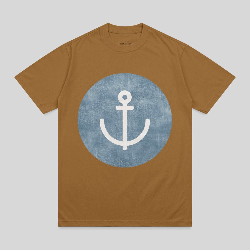 Brown t-shirt with a blue circle containing a white anchor graphic.