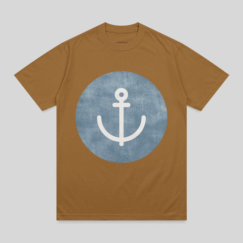 Brown t-shirt with a blue circle containing a white anchor graphic.