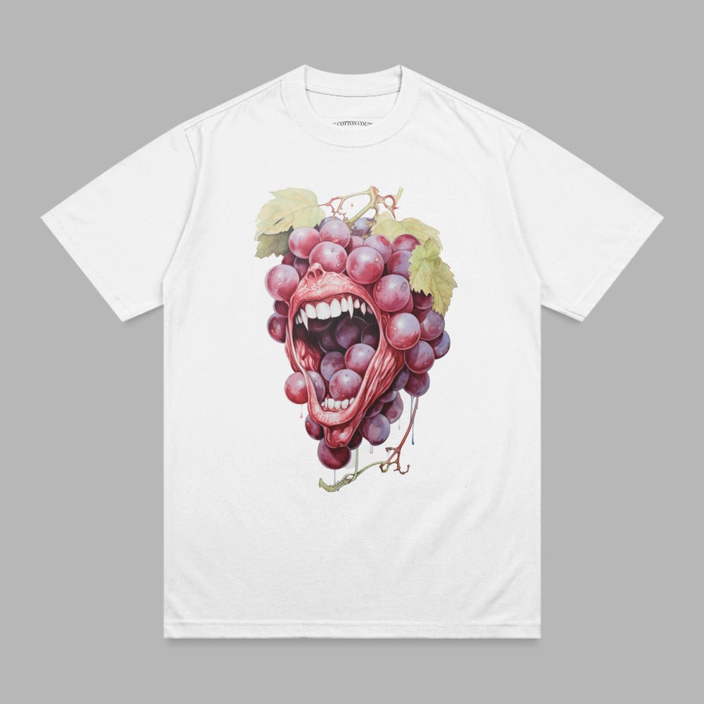 White t-shirt with a graphic of a bunch of grapes forming a screaming mouth.