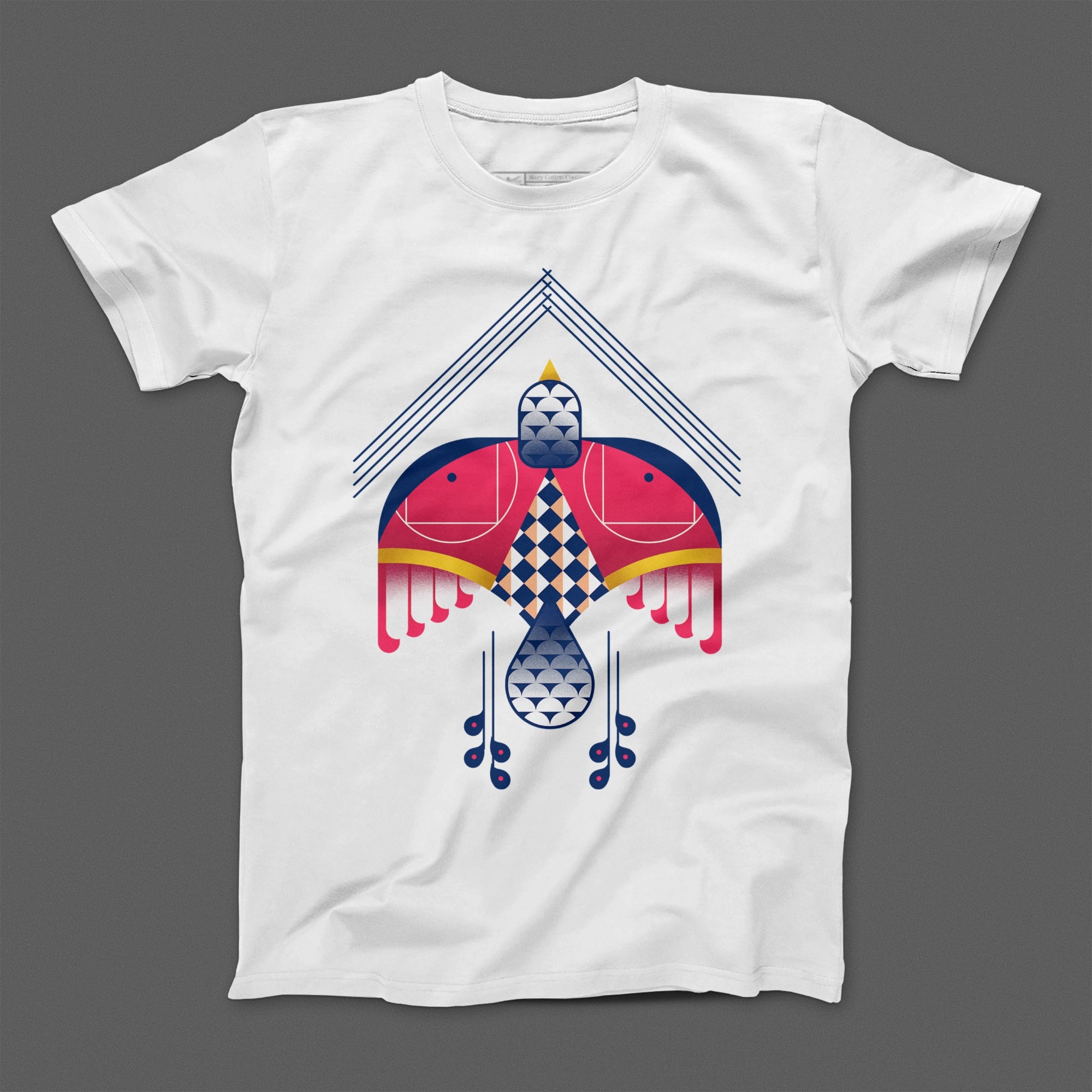 Tribal Geometric Bird Design White T-Shirt