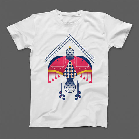 Tribal Geometric Bird Design White T-Shirt