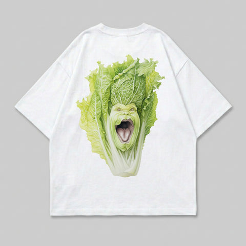 White t-shirt with a cartoonish, screaming head emerging from a head of lettuce.
