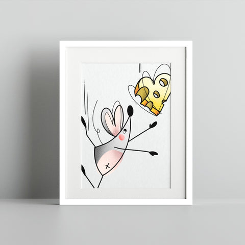 Playful Mouse Reaching for Cheese Art Print