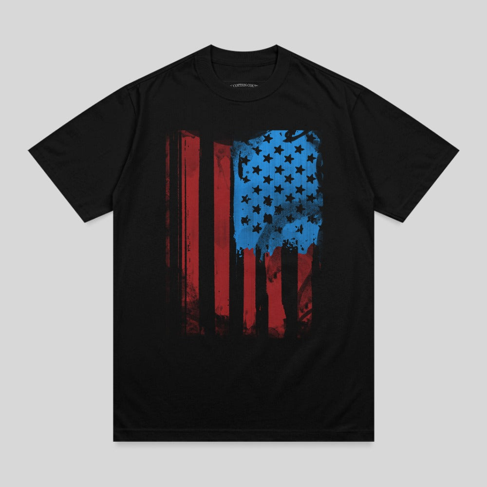 Black t-shirt with distressed American flag graphic.