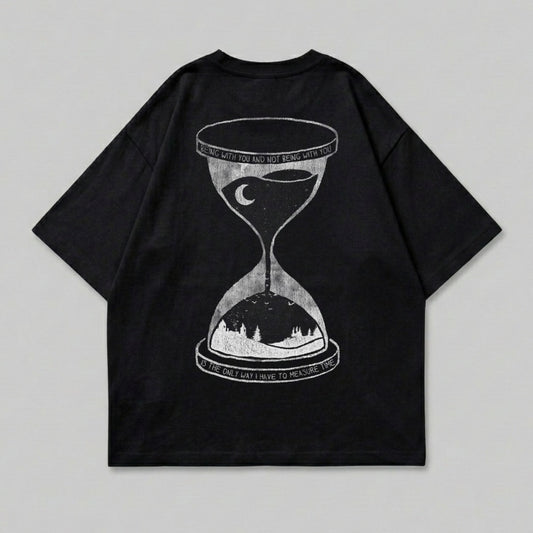 Black t-shirt with hourglass design and text about measuring time.