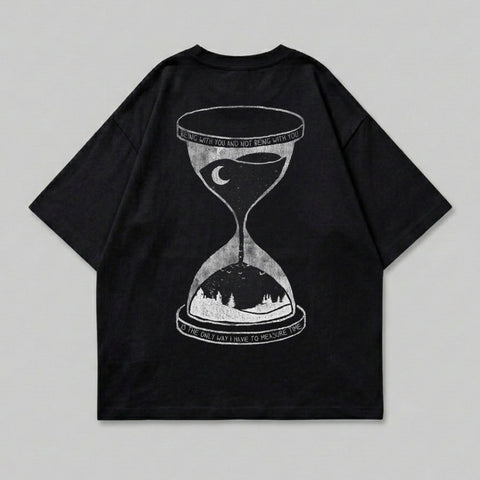 Black t-shirt with hourglass design and text about measuring time.