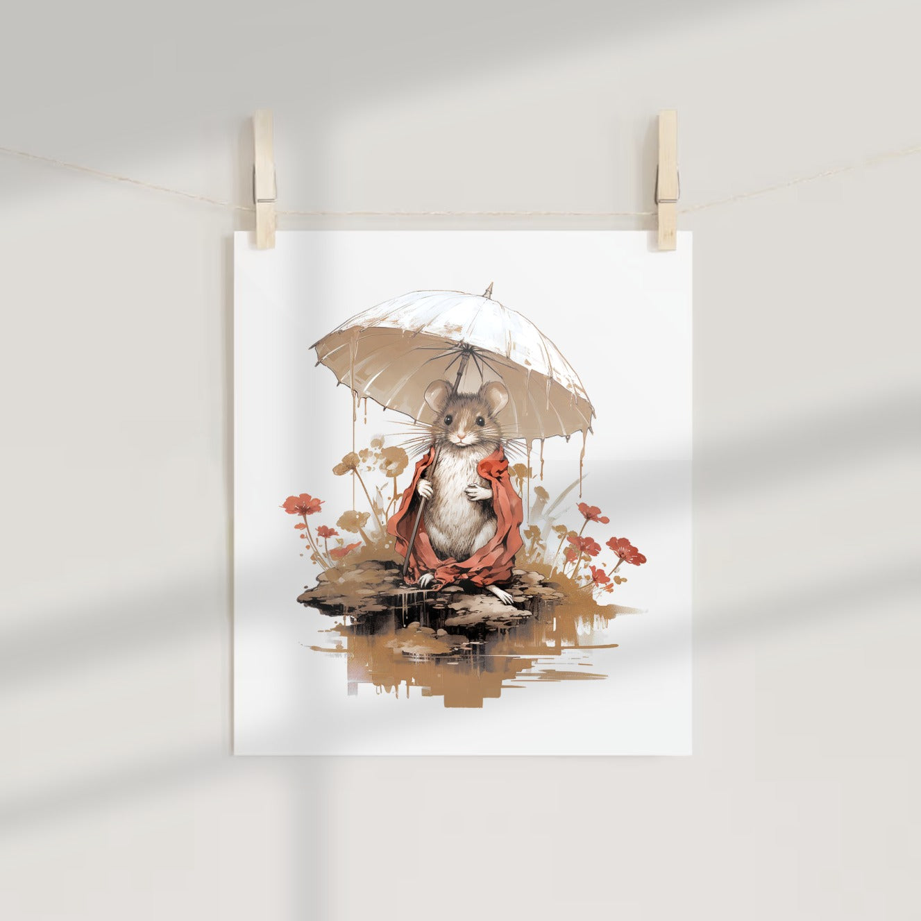 Adorable Mouse With Umbrella And Flowers Art Print