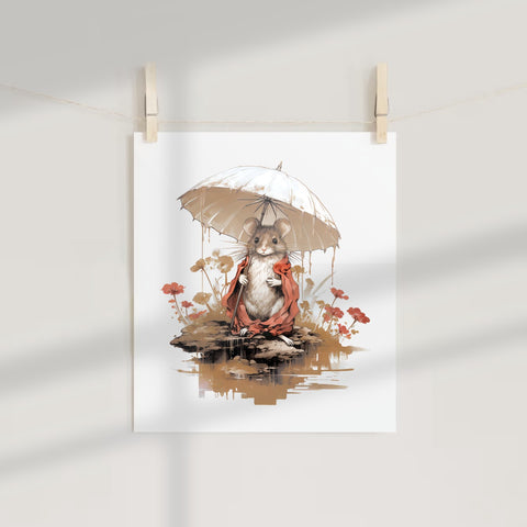 Adorable Mouse With Umbrella And Flowers Art Print