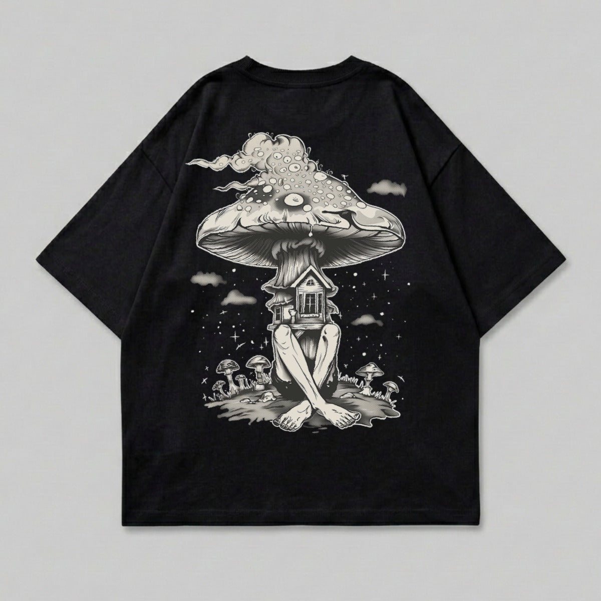 Surreal mushroom house human figure magical night sky t-shirt