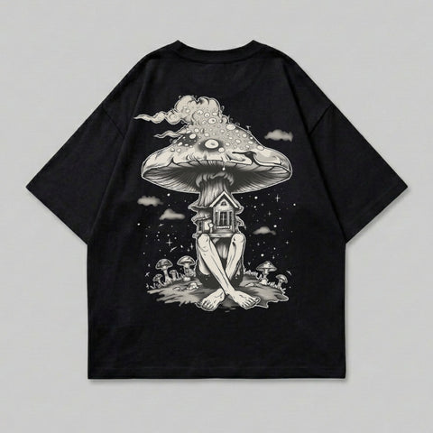 Surreal mushroom house human figure magical night sky t-shirt