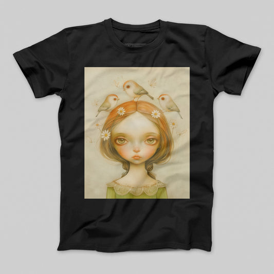Enchanting Girl with Birds and Flowers T-shirt