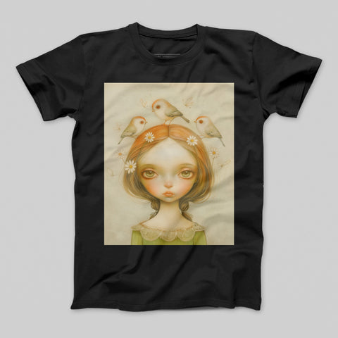 Enchanting Girl with Birds and Flowers T-shirt