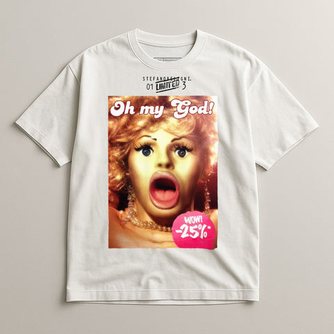 White t-shirt with "Oh my God!" graphic and "WOW! -25%" price tag.