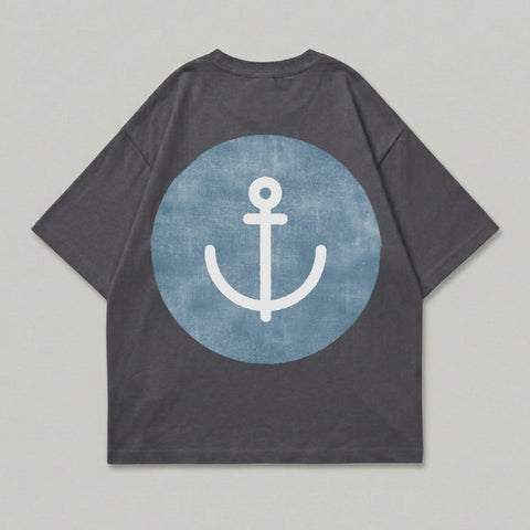 Dark grey t-shirt with a white anchor inside a blue circle on the back.