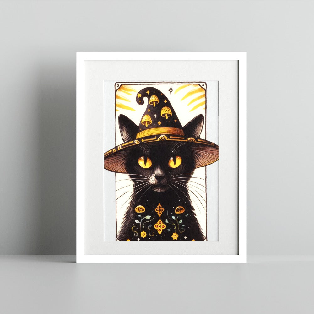 Enchanting Black Cat with Mystical Hat Art Print