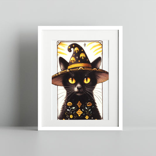 Enchanting Black Cat with Mystical Hat Art Print
