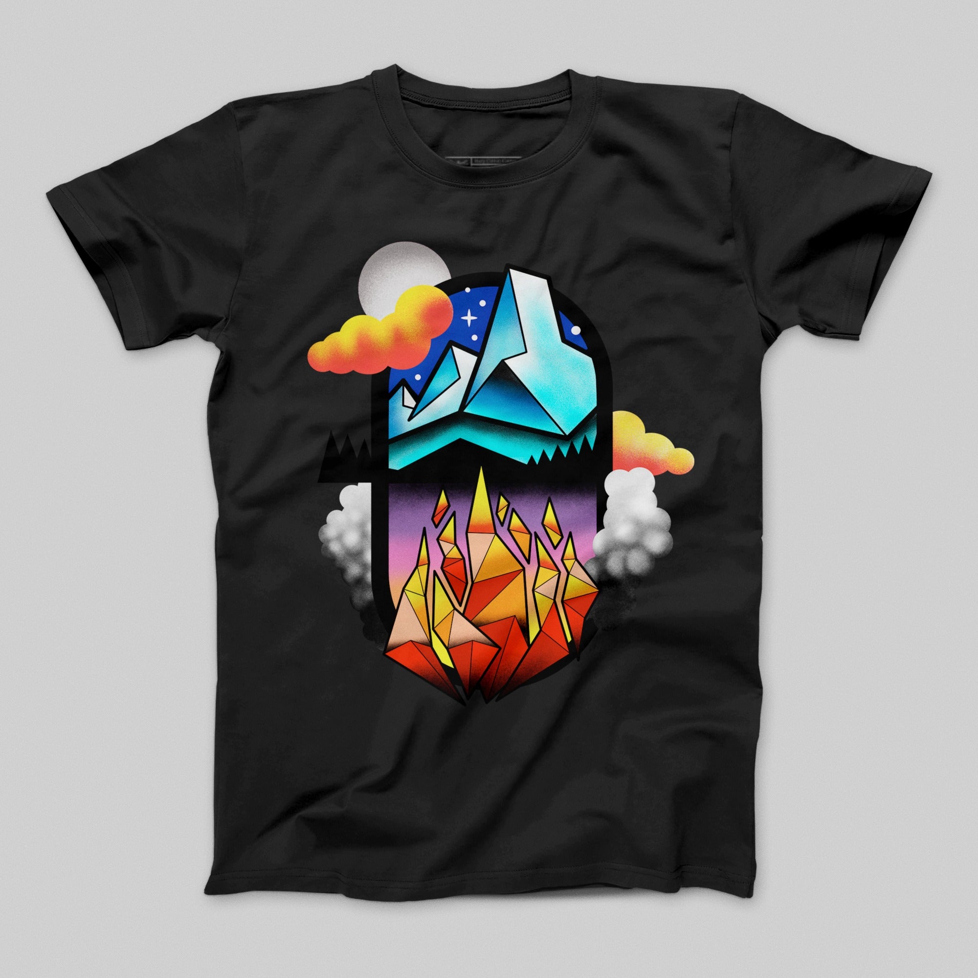 Colorful Abstract Mountain and Fire Artwork T-shirt