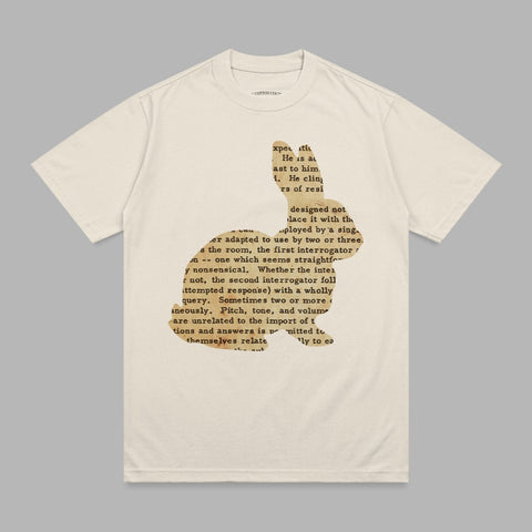 Cream t-shirt with a rabbit silhouette filled with printed text.