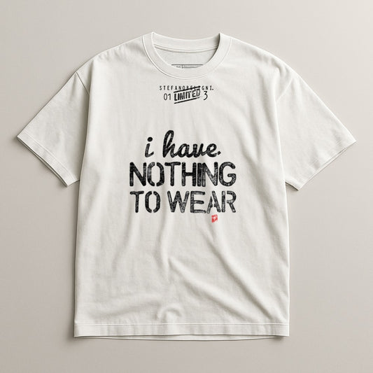 White t-shirt with "I have nothing to wear" and "Stefano Donni" text.