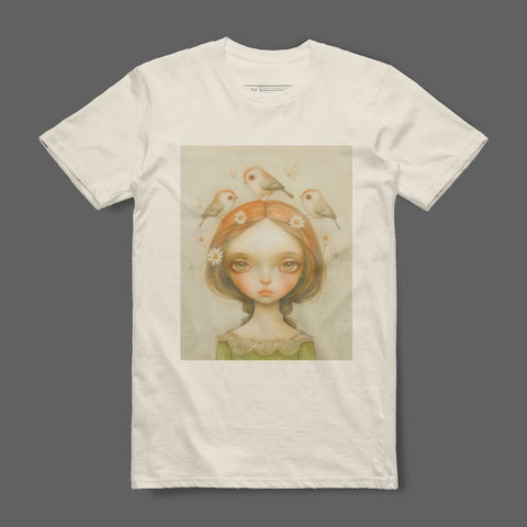 Enchanting Girl with Birds Artistic Graphic Tee product