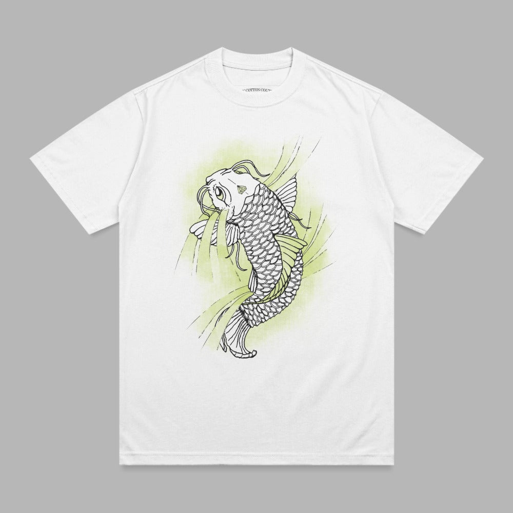 White t-shirt with a black and white koi fish graphic.