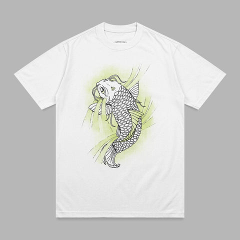 White t-shirt with a black and white koi fish graphic.