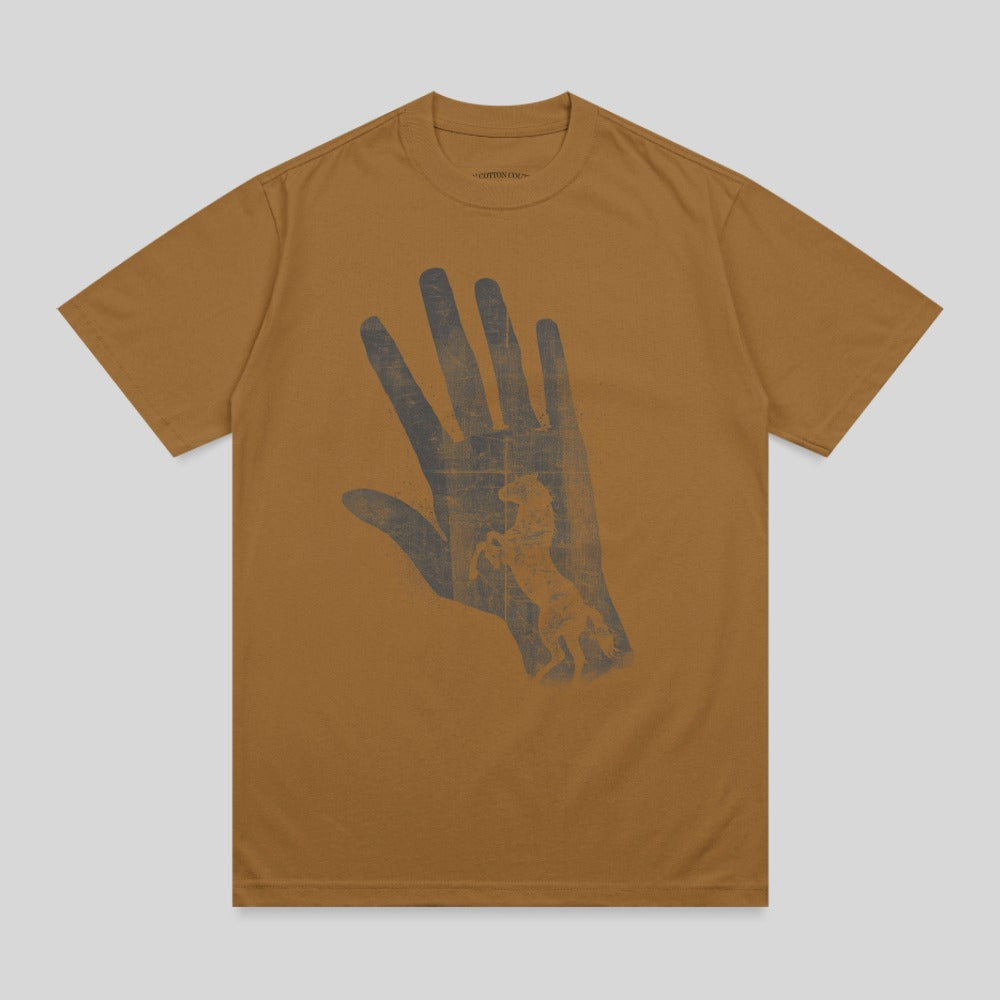 Brown t-shirt with a distressed hand and horse graphic.