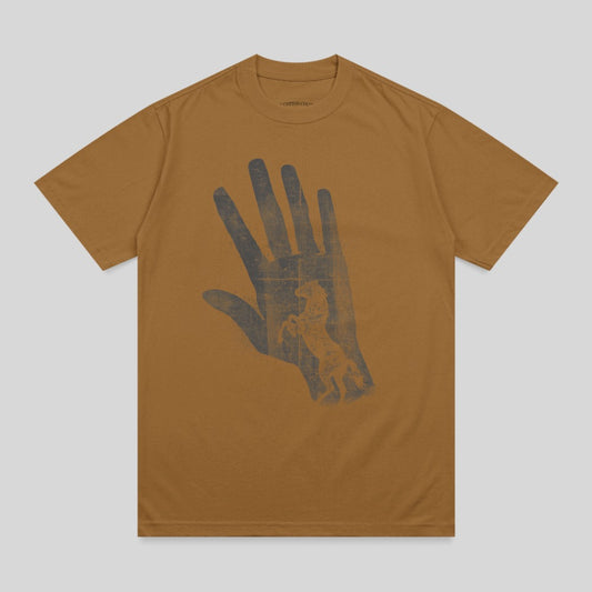 Brown t-shirt with a distressed hand and horse graphic.