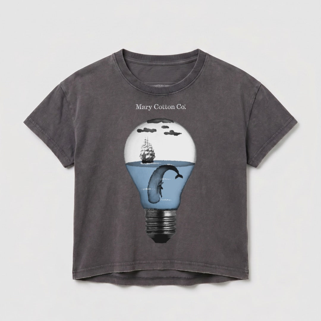 Gray t-shirt with a lightbulb graphic containing a whale and sailing ship.
