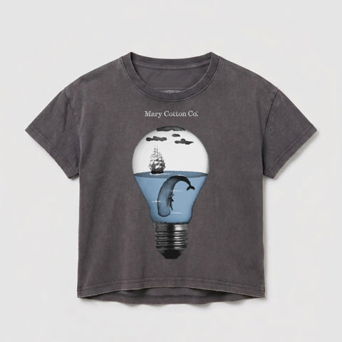 Gray t-shirt with a lightbulb graphic containing a whale and sailing ship.