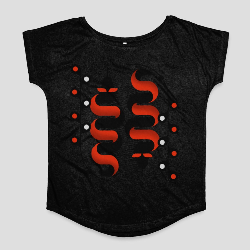 Elegant Black Top with Striking Red Abstract Design