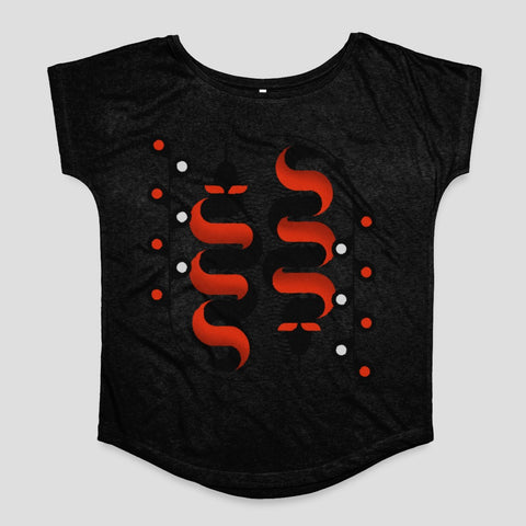 Elegant Black Top with Striking Red Abstract Design