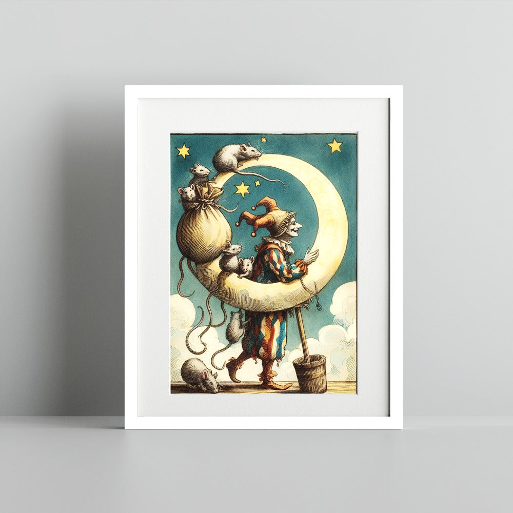 Whimsical Harlequin with Rats on Moon Art Print