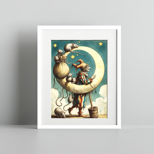 Whimsical Harlequin with Rats on Moon Art Print