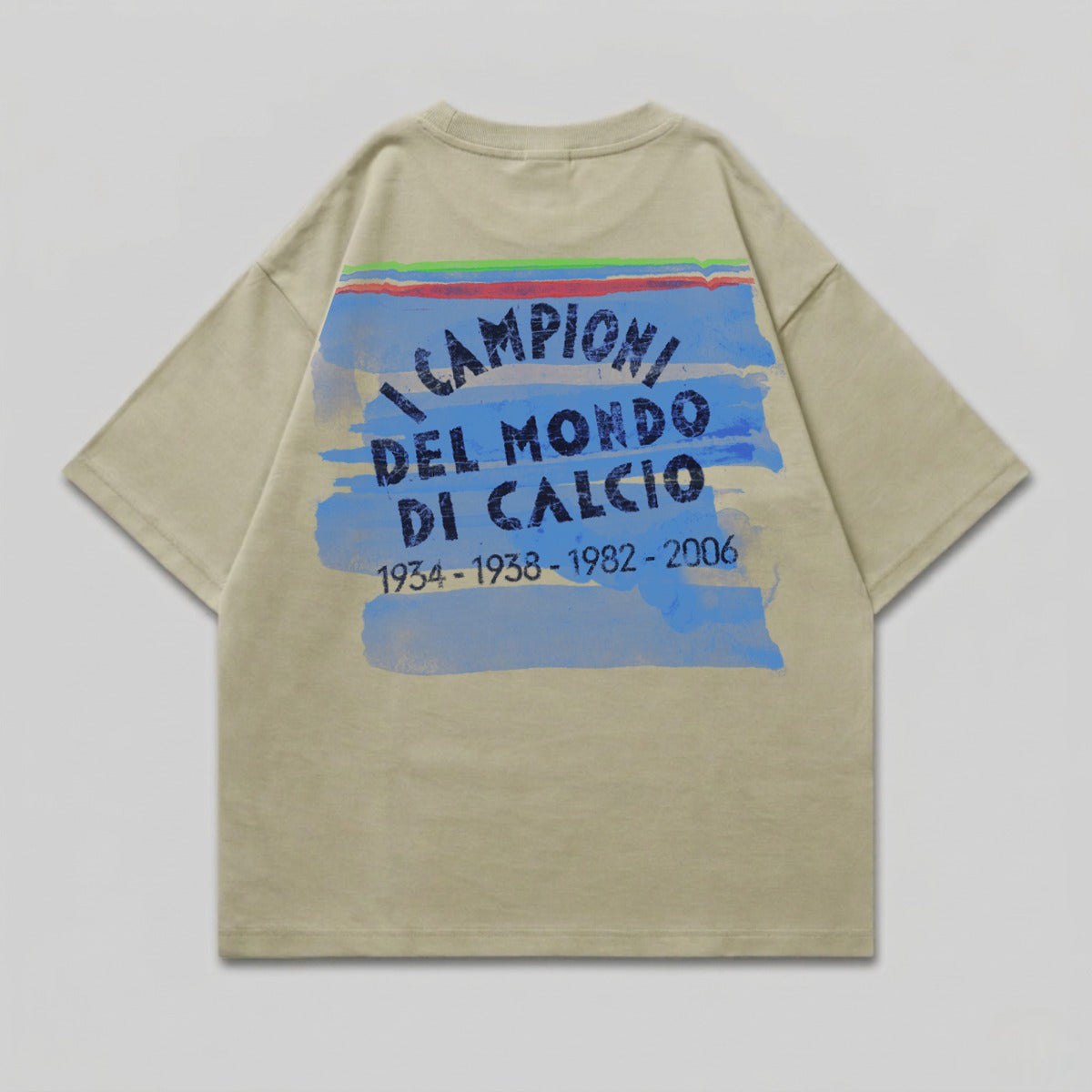 Beige t-shirt with "Campioni del Mondo di Calcio 1934-2008-2006" text.