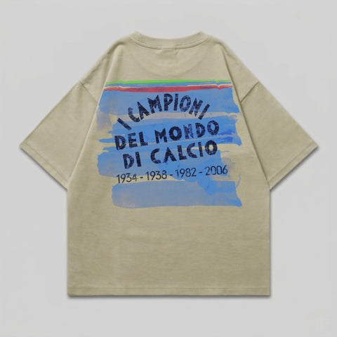 Beige t-shirt with "Campioni del Mondo di Calcio 1934-2008-2006" text.