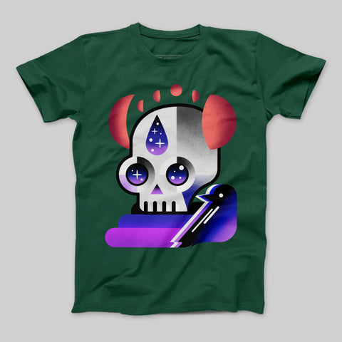 Skater Skull with Crow Graphic T-Shirt Design