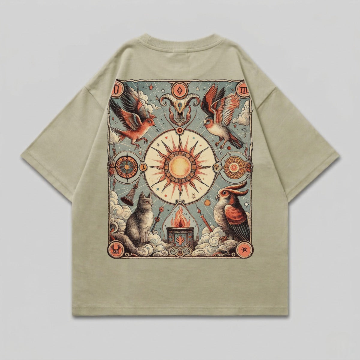 Mythic Sun Birds Cat Owl Ram Skull Symbols Fire product type
Sun Design, Birds Art, Cat Graphic, Owl Illustration, Ram Skull Symbol, Mystical Print, Esoteric Art, Zodiac Motifs, Celestial Theme, Nature Animals, Graphic Tee, Vintage Style, Alchemy Inspired, Occult Design, Fantasy Art, Ancient Symbols, Spiritual Theme, Boho Chic, Unique Artwork, Artistic Print