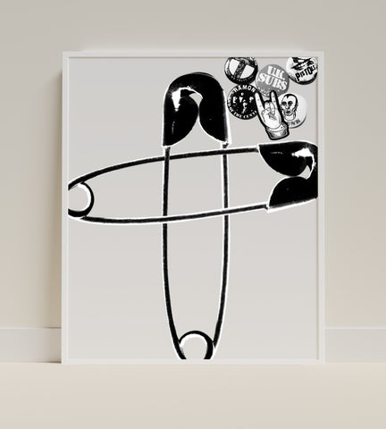 Punk Rock Safety Pin with Band Button Design Poster
