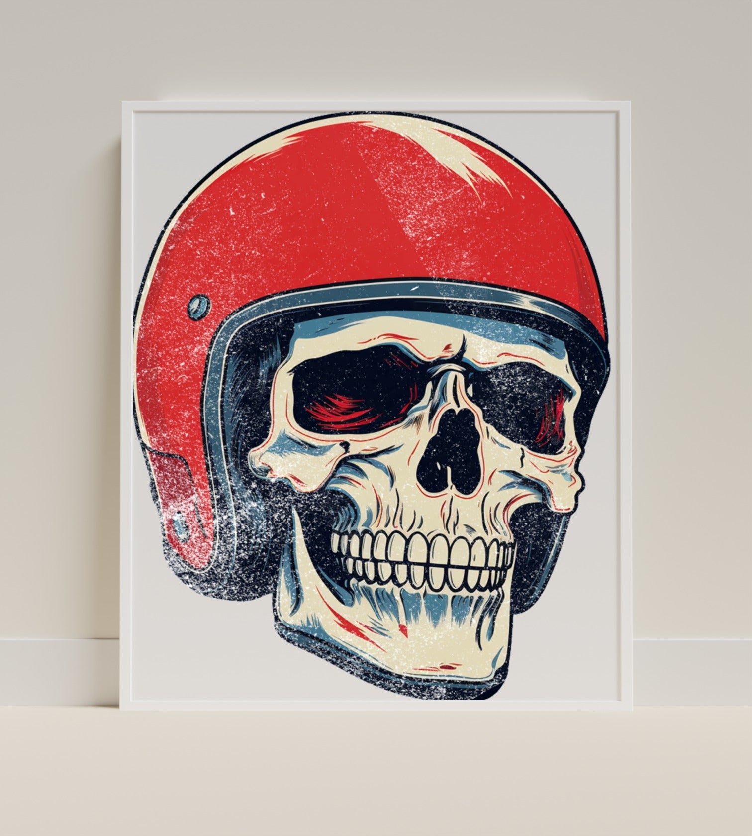 Vintage Skull with Red Helmet Art Print Poster