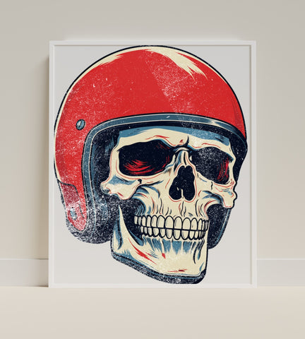 Vintage Skull with Red Helmet Art Print Poster