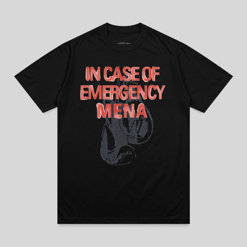 Black t-shirt with "IN CASE OF EMERGENCY MENA" and boxing gloves graphic.