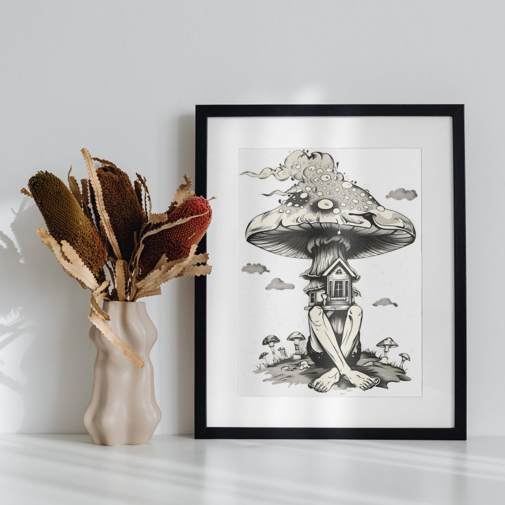 Surreal Mushroom House Digital Artwork in Black Frame