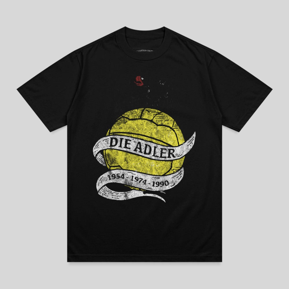 Black t-shirt with yellow soccer ball graphic and "DIE ADLER 1954-1990" text.
