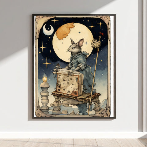 Enchanting Nighttime Rabbit Illustration Wall Art