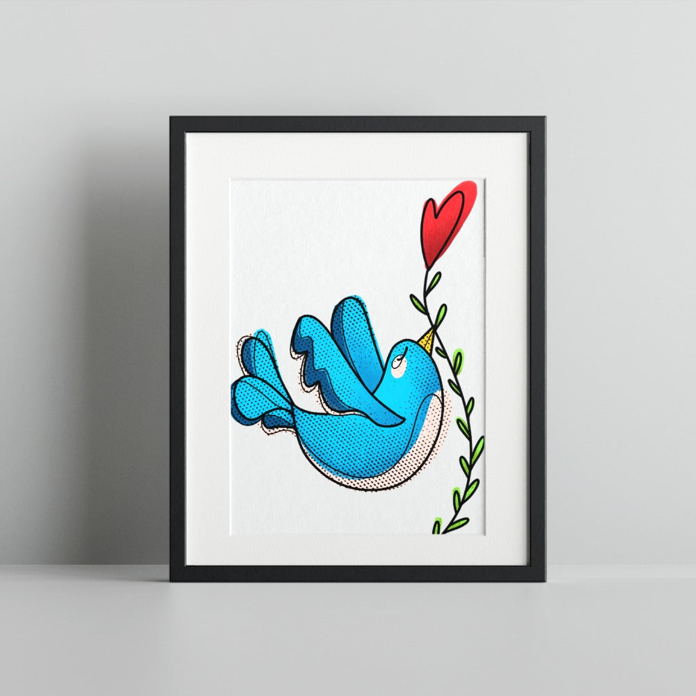 Blue Bird Holding Red Heart Wall Art Print Decor