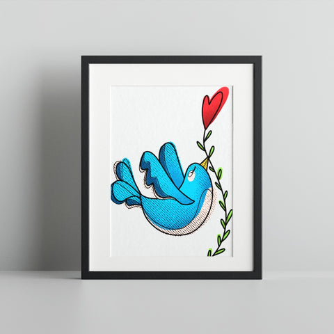 Blue Bird Holding Red Heart Wall Art Print Decor